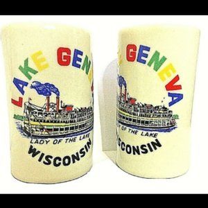 Enco Salt Pepper Shakers Lake Geneva Wisconsin Lady Lake Porcelain Japan Vintage